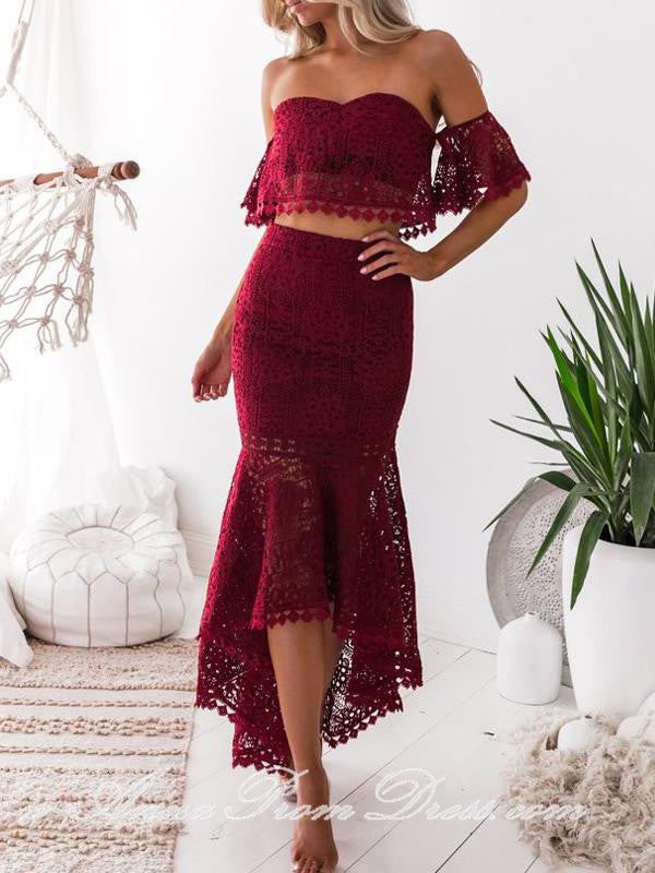 Two Piece Prom Dresses Off The Shoulder Mermaid Burgundy Lace High Low Prom Dress Homecoming Dress BabaMila