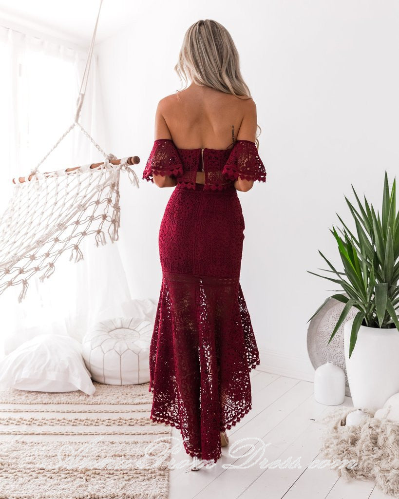 Two Piece Prom Dresses Off The Shoulder Mermaid Burgundy Lace High Low Prom Dress Homecoming Dress BabaMila