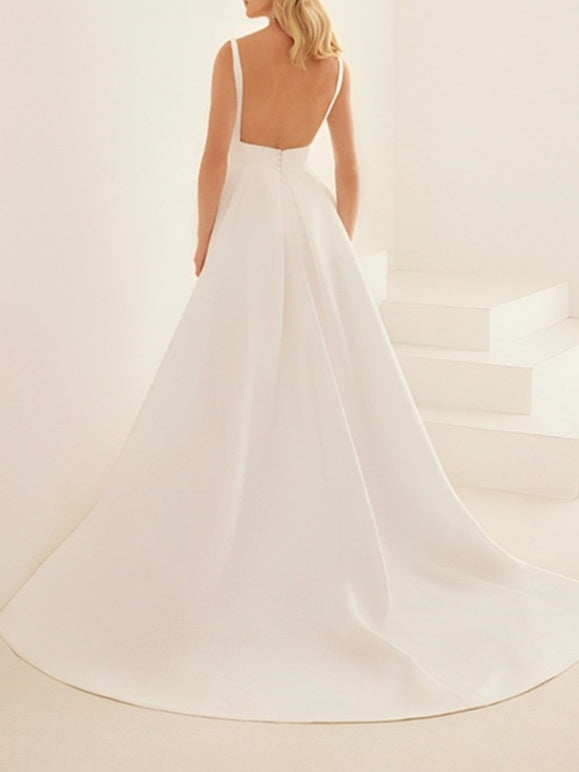A-Line/Princess Satin V-Neck Floor-length Wedding Dress With Split Side BabaMila
