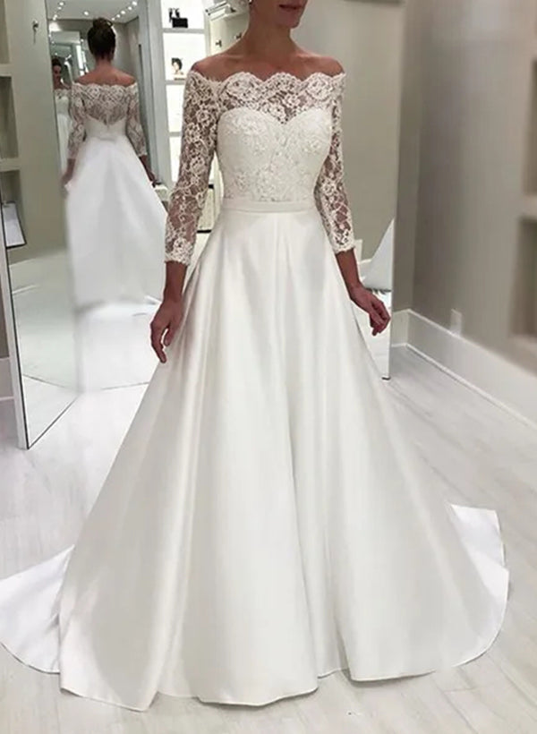 A-Line/Princess Off-the-Shoulder Floor-length Lace Wedding Dress BabaMila