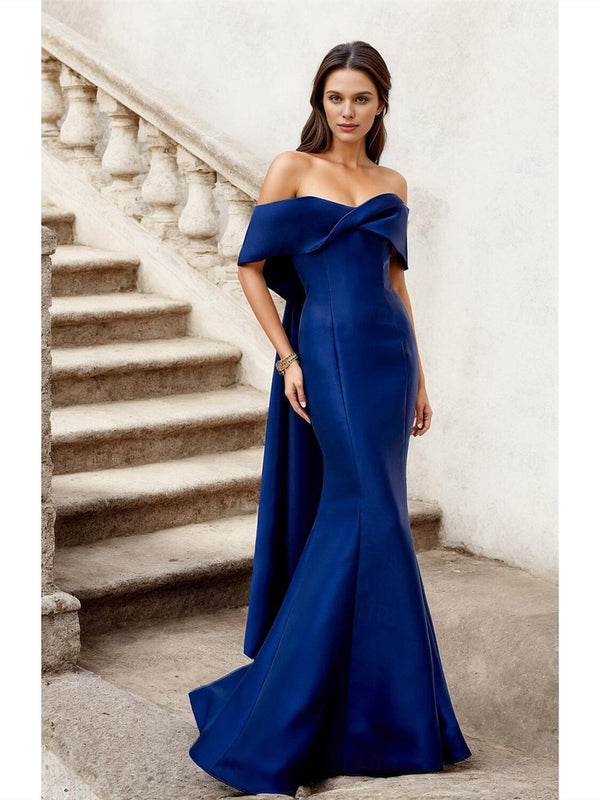 Mermaid Floor-Length Short Sleeve Off-the-shoulder Prom Dress Satin with Criss Cross BabaMila