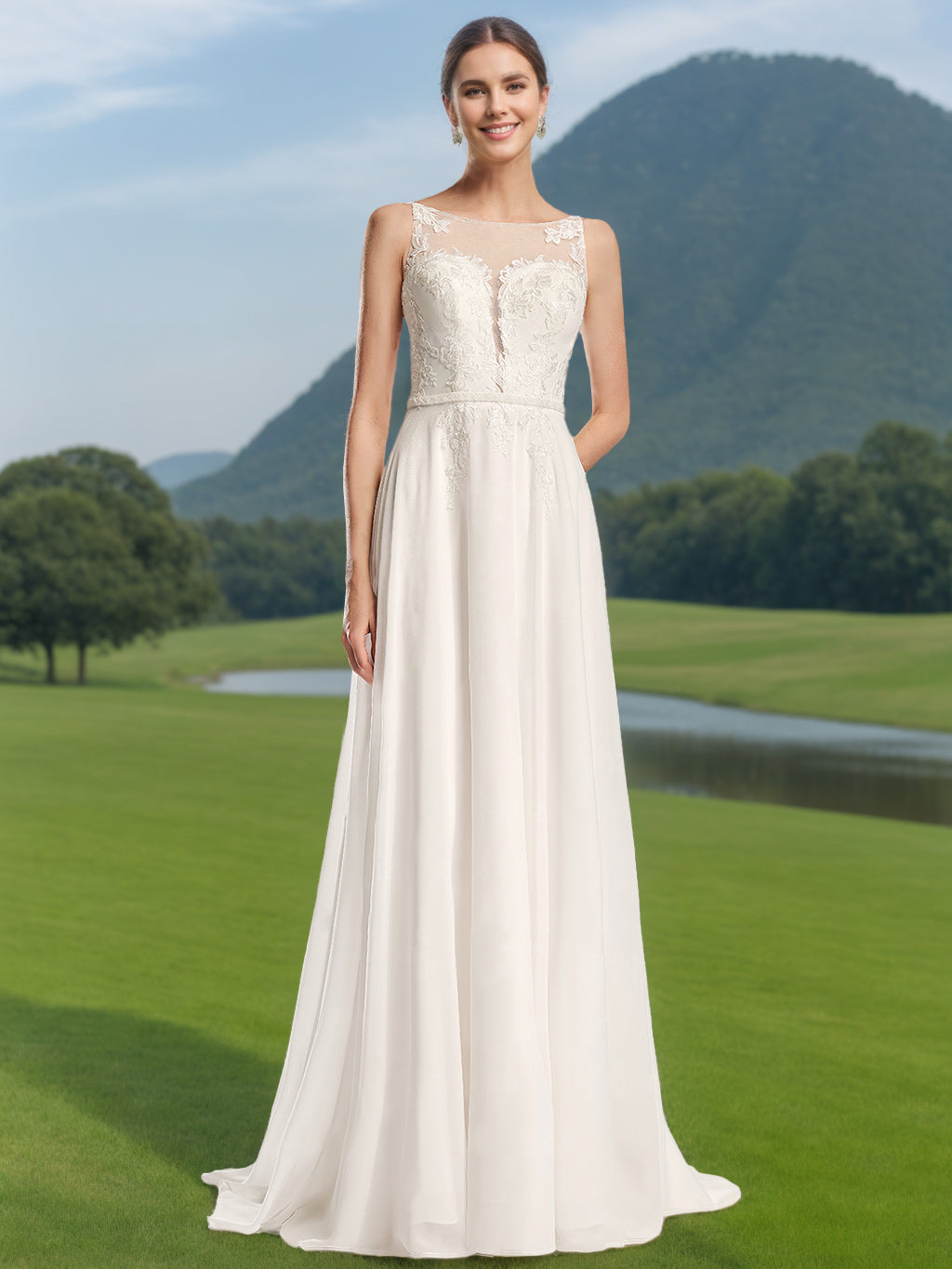 A-Line/Princess Scoop Neck Sleeveless Floor-length Wedding Dress with Lace Appliques BabaMila