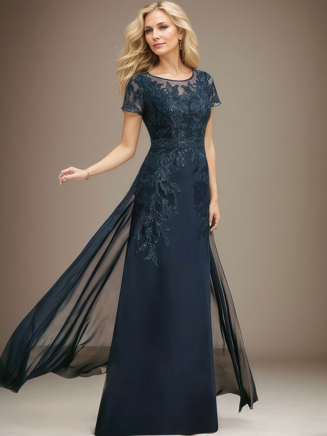 A-Line Round Neck Short Sleeve Floor-Length Lace/Chiffon Mother of the Bride Dress With Appliques/Sequins BabaMila