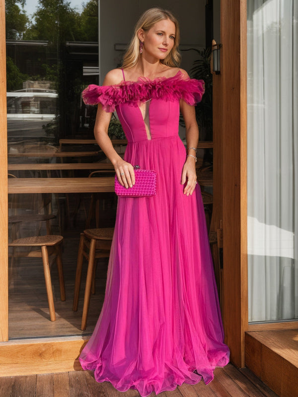 A-Line/Princess Off-the-Shoulder Sleeveless Floor-Length Evening Dresses With Ruffles BabaMila