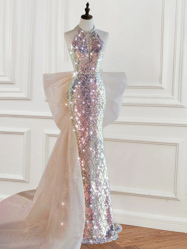 Trumpet/Mermaid Halter Sleeveless Sequined Evening Dresses with Bow/Pearl BabaMila