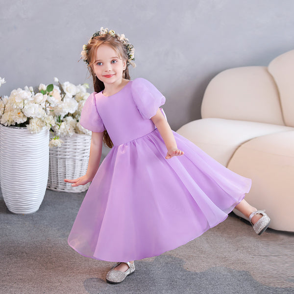 Girls Birthday Dresses Scoop Neck Short Sleeve Chiffon/Satin Tea-Length Flower Girl Dresses/Party Dresses With Bow Girls Gidiondress Lilac 12M