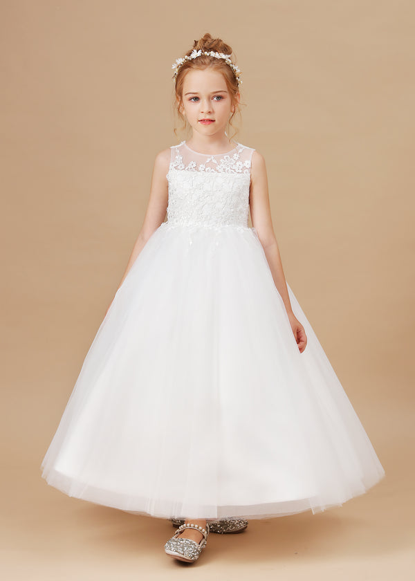 Scoop Neck Sleeveless Lace/Tulle Ivory Cute Floor-Length Flower Girl Dresses/First Communion Dress With Appliques Gidiondress