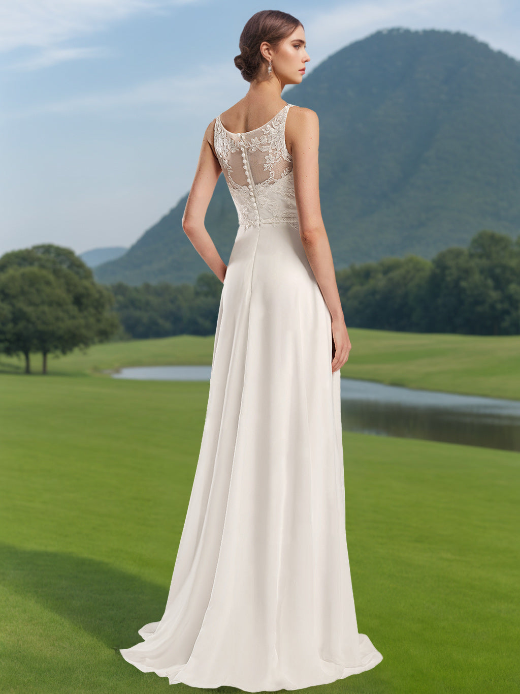 A-Line/Princess Scoop Neck Sleeveless Floor-length Wedding Dress with Lace Appliques BabaMila