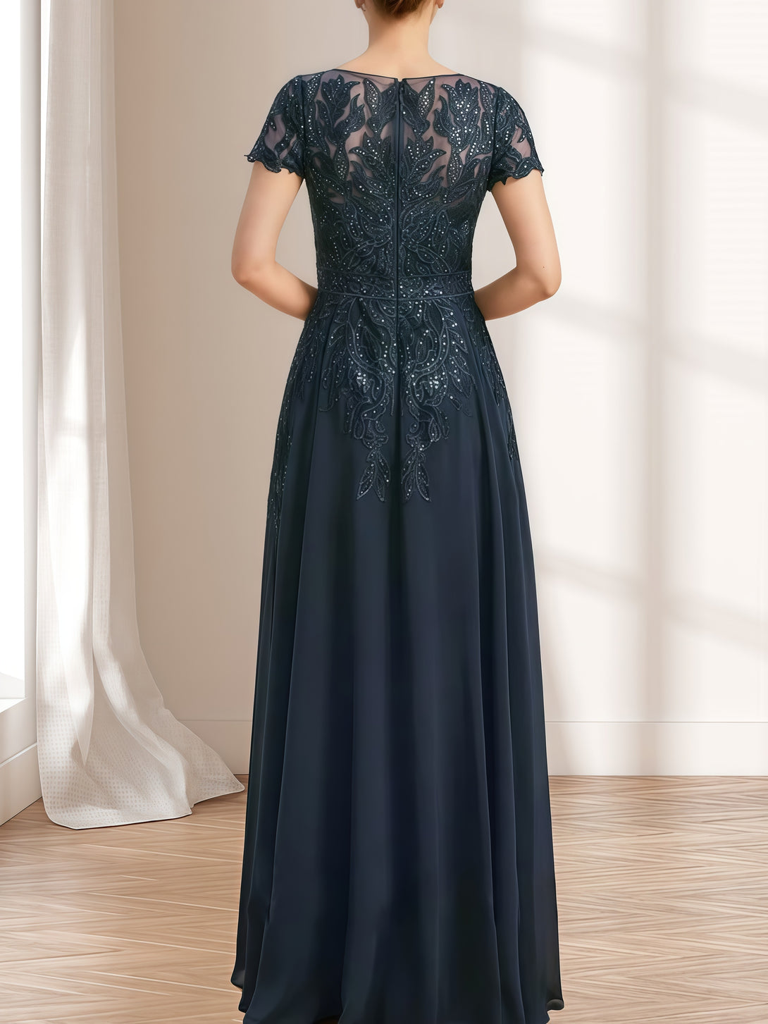 A-Line Round Neck Short Sleeve Floor-Length Lace/Chiffon Mother of the Bride Dress With Appliques/Sequins BabaMila