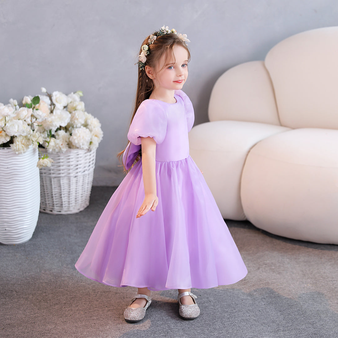 Girls Birthday Dresses Scoop Neck Short Sleeve Chiffon/Satin Tea-Length Flower Girl Dresses/Party Dresses With Bow Girls Gidiondress