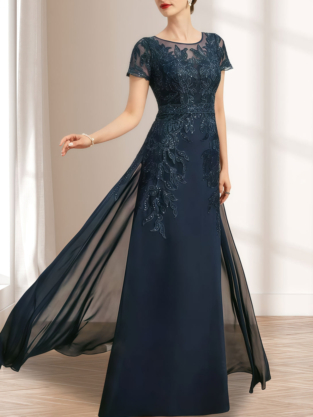 A-Line Round Neck Short Sleeve Floor-Length Lace/Chiffon Mother of the Bride Dress With Appliques/Sequins BabaMila