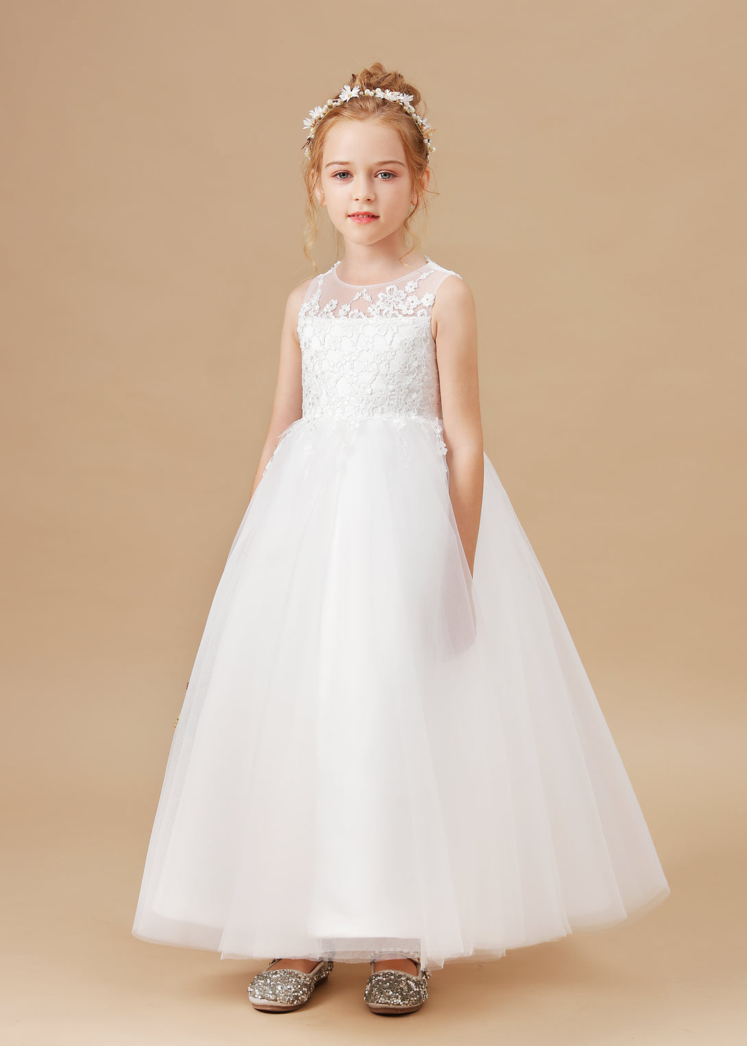 Scoop Neck Sleeveless Lace/Tulle Ivory Cute Floor-Length Flower Girl Dresses/First Communion Dress With Appliques Gidiondress
