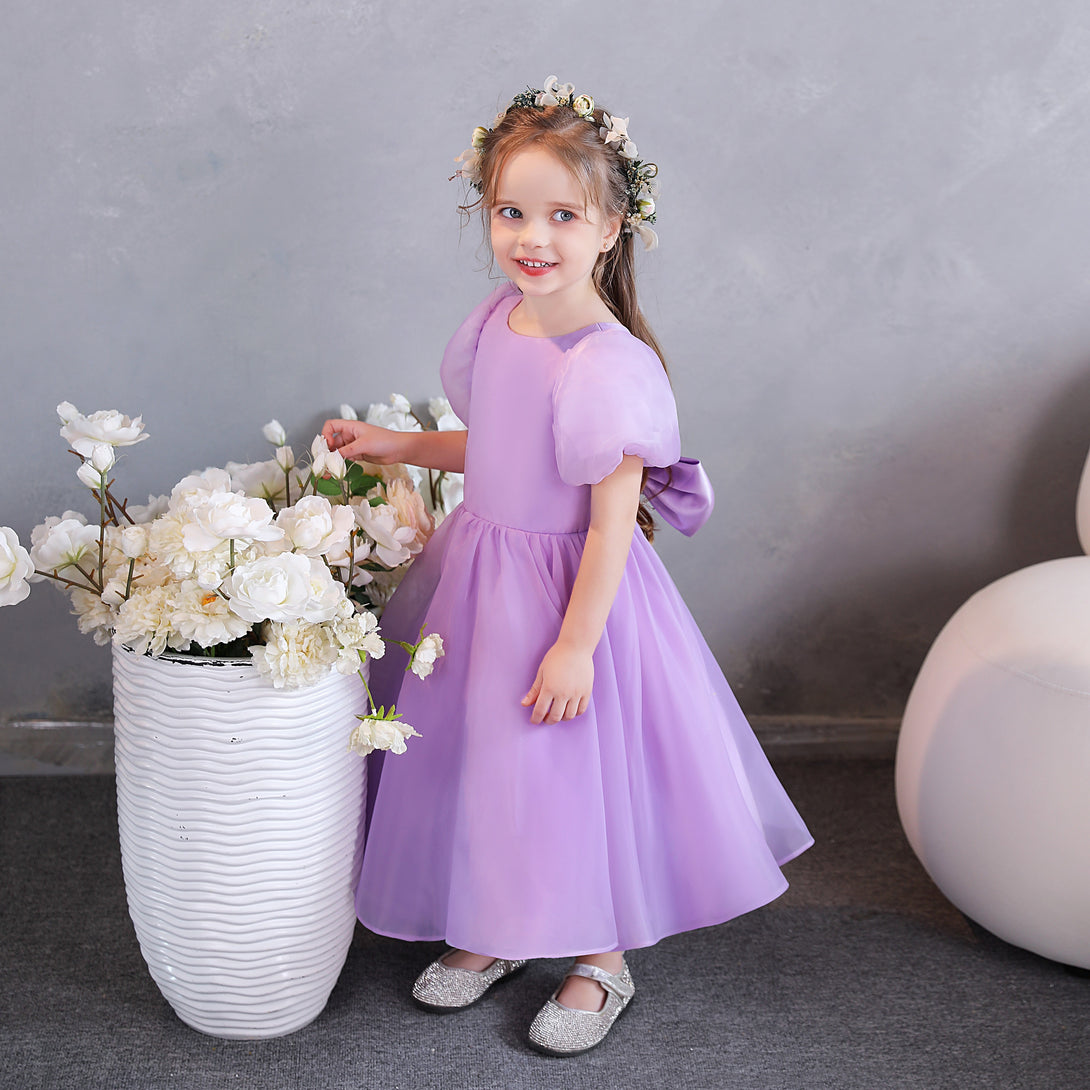 Girls Birthday Dresses Scoop Neck Short Sleeve Chiffon/Satin Tea-Length Flower Girl Dresses/Party Dresses With Bow Girls Gidiondress