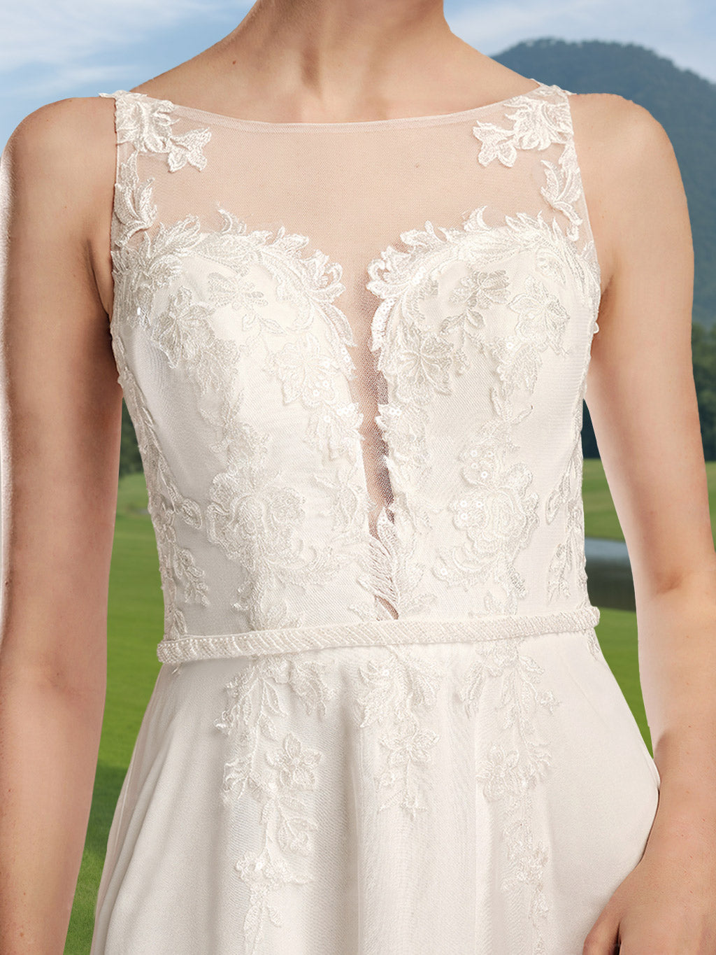 A-Line/Princess Scoop Neck Sleeveless Floor-length Wedding Dress with Lace Appliques BabaMila