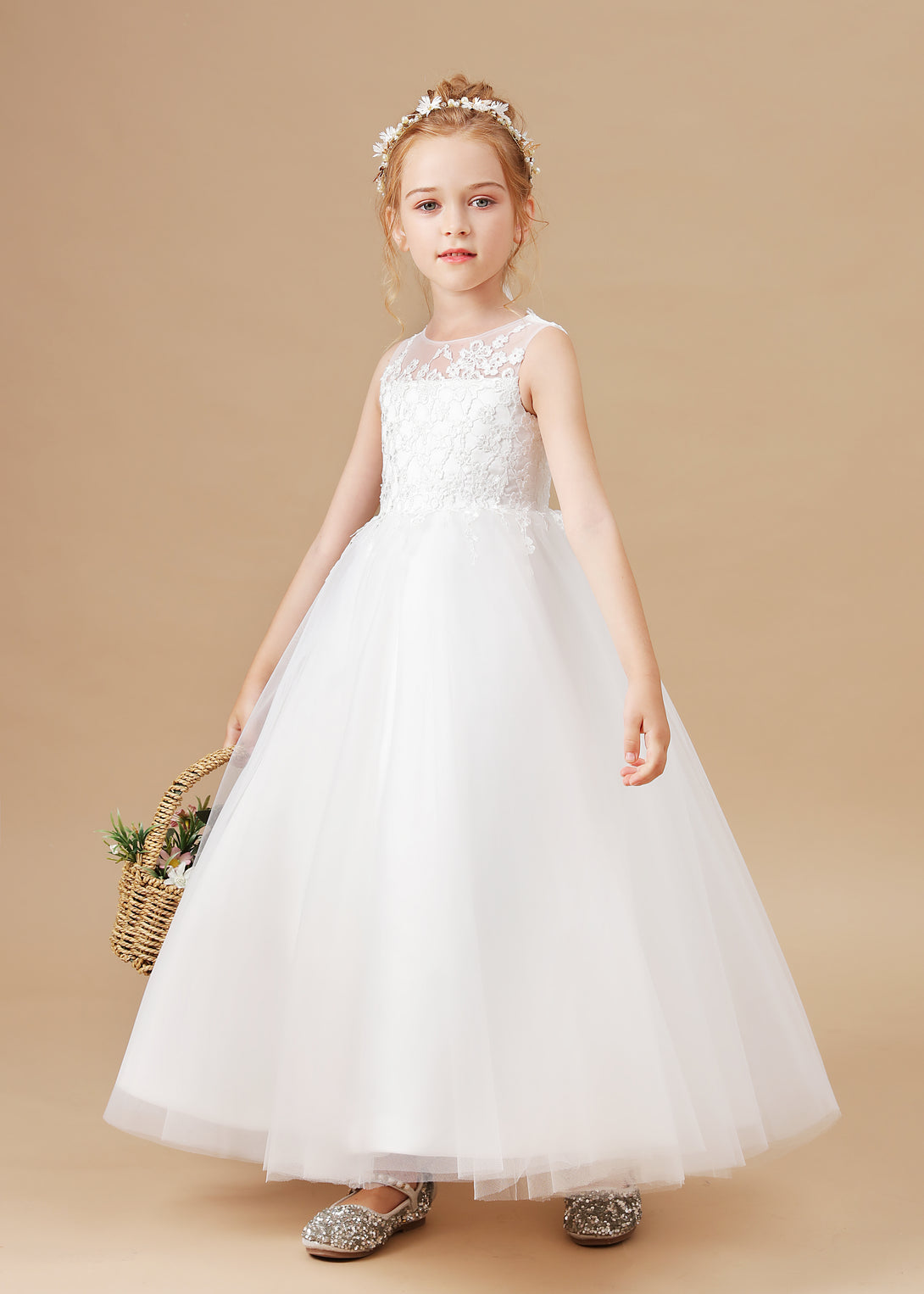 Scoop Neck Sleeveless Lace/Tulle Ivory Cute Floor-Length Flower Girl Dresses/First Communion Dress With Appliques Gidiondress Ivory 12M
