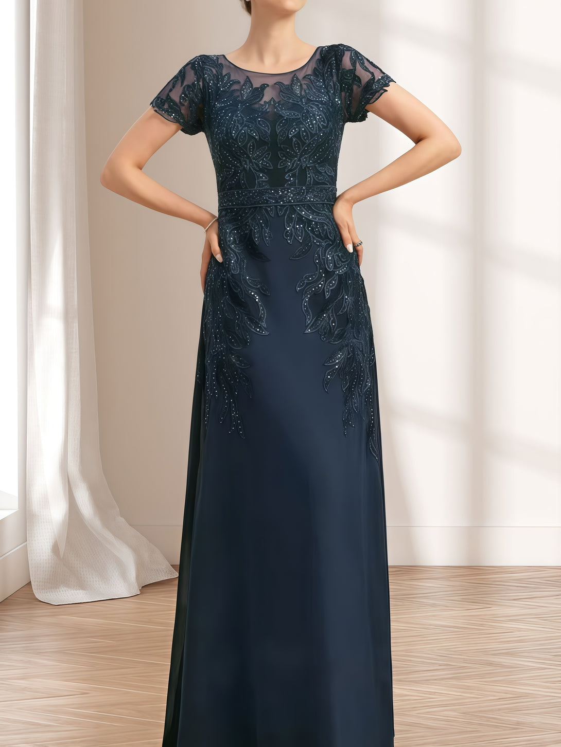 A-Line Round Neck Short Sleeve Floor-Length Lace/Chiffon Mother of the Bride Dress With Appliques/Sequins BabaMila