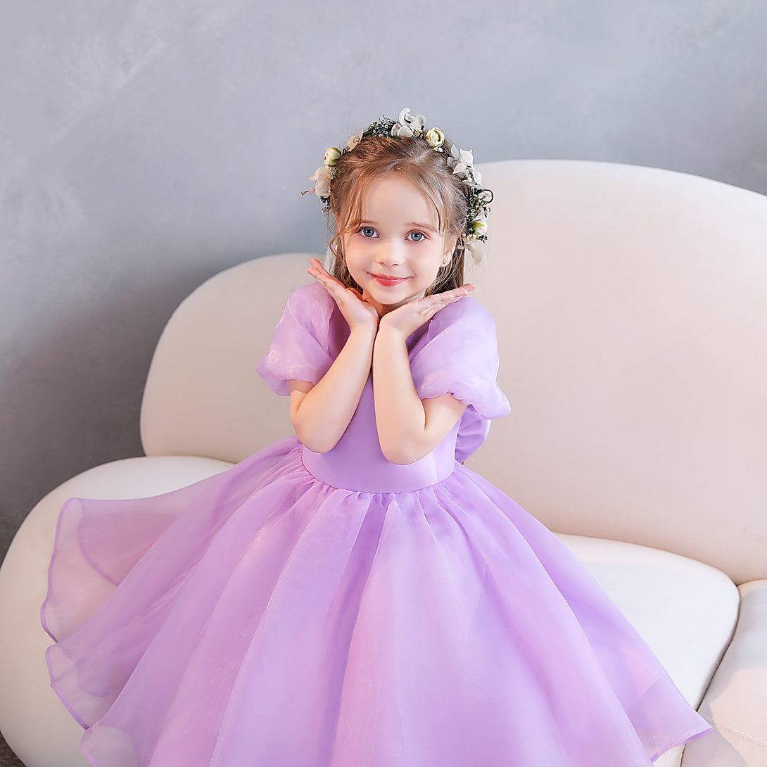 Girls Birthday Dresses Scoop Neck Short Sleeve Chiffon/Satin Tea-Length Flower Girl Dresses/Party Dresses With Bow Girls Gidiondress