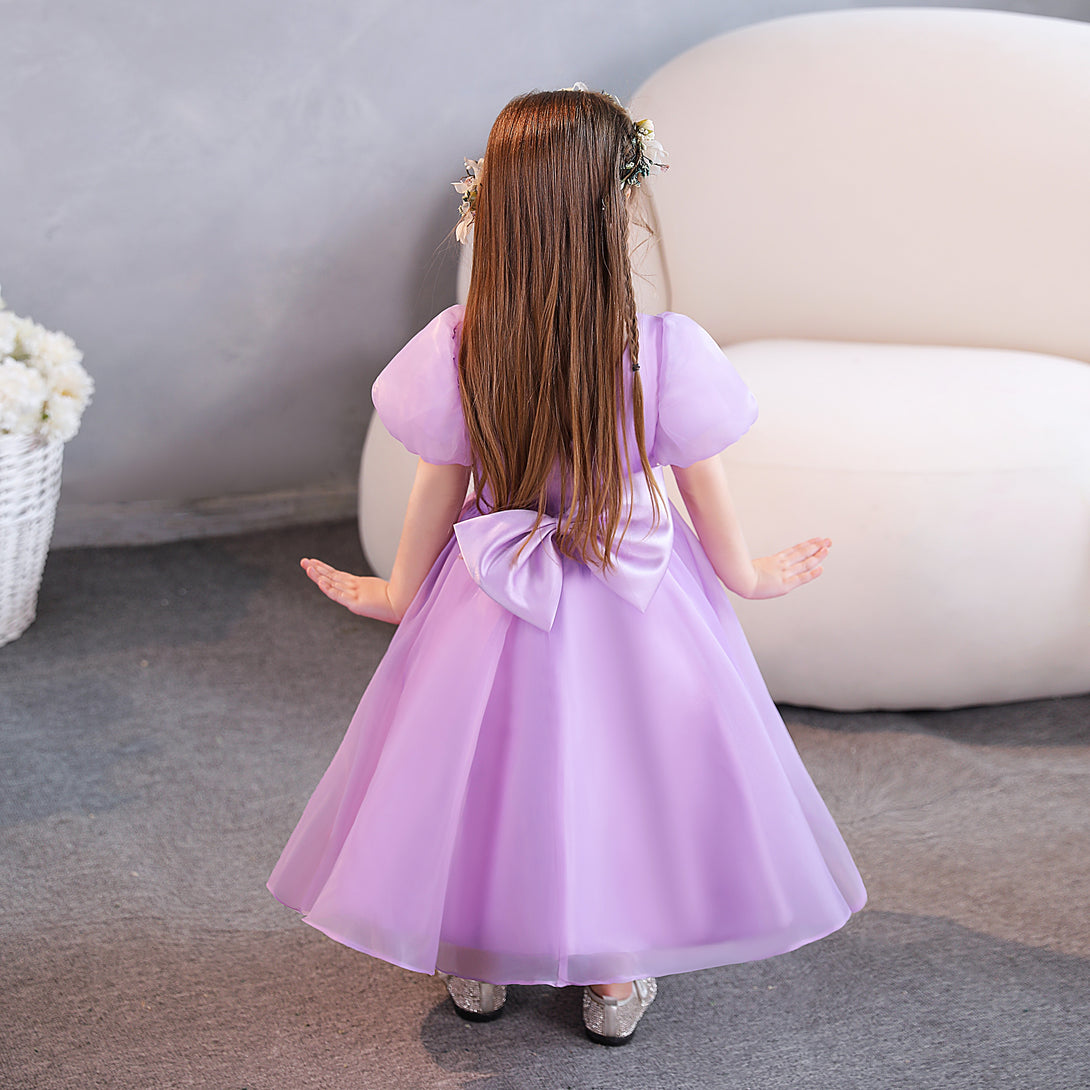 Girls Birthday Dresses Scoop Neck Short Sleeve Chiffon/Satin Tea-Length Flower Girl Dresses/Party Dresses With Bow Girls Gidiondress