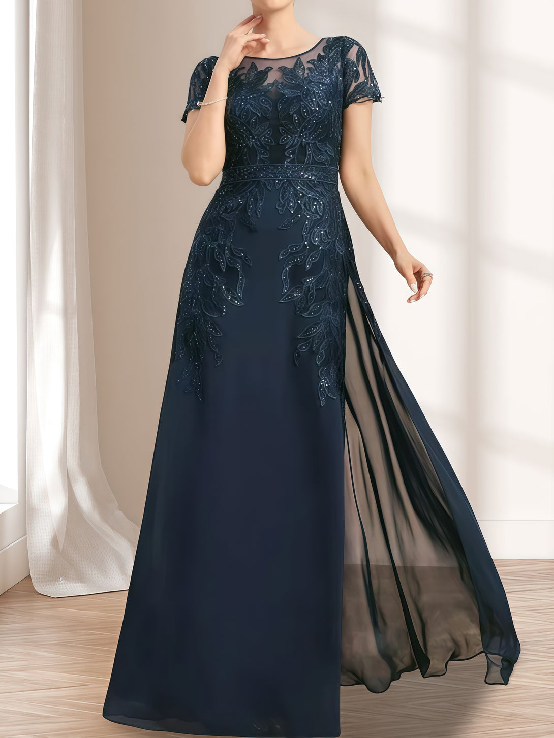 A-Line Round Neck Short Sleeve Floor-Length Lace/Chiffon Mother of the Bride Dress With Appliques/Sequins BabaMila