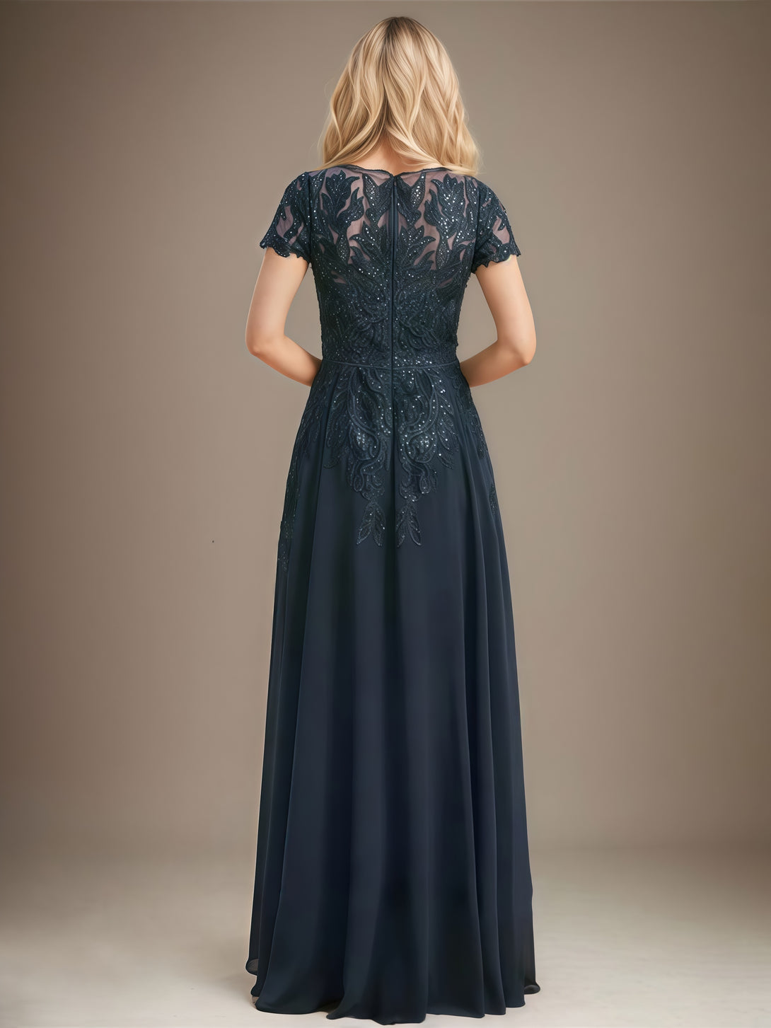 A-Line Round Neck Short Sleeve Floor-Length Lace/Chiffon Mother of the Bride Dress With Appliques/Sequins BabaMila