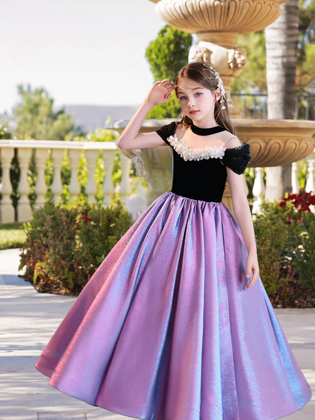Ball Gown/Princess Halter Cold Shoulder Dazzling Floor-Length Satin/Tulle Girls Birthday Dresses With Ruffled Hem Gidiondress