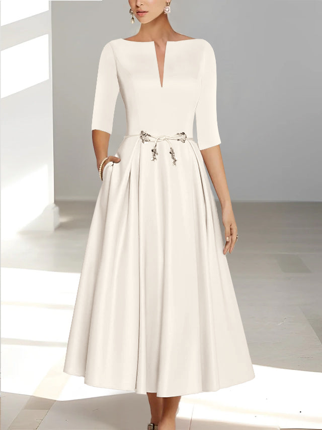 Sheath/Column Off-The-Shoulder Short Sleeves Tea-Length Unique Mother Of The Bride Dresses With Feathers BabaMila