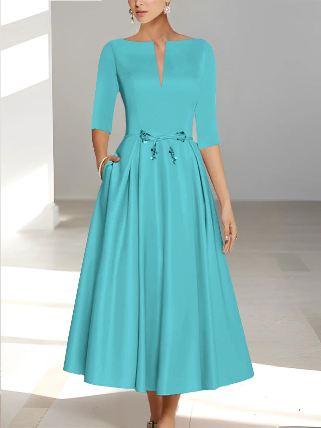 Sheath/Column Off-The-Shoulder Short Sleeves Tea-Length Unique Mother Of The Bride Dresses With Feathers BabaMila