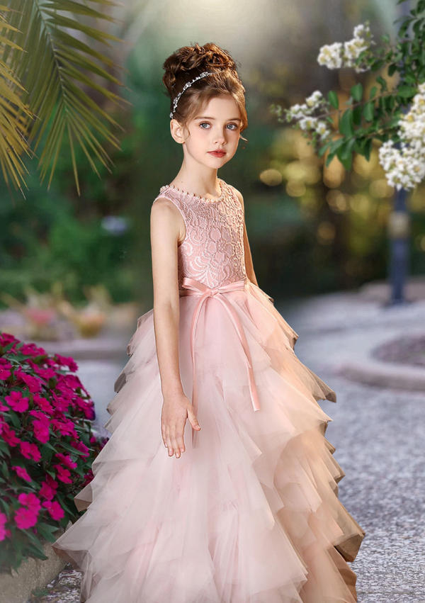 Princess A-Line Scoop Neck Sleeveless Floor-Length Lace/Tulle/Satin Girls Birthday Dresses With Ribbon/Beads Girls Gidiondress pink 12M