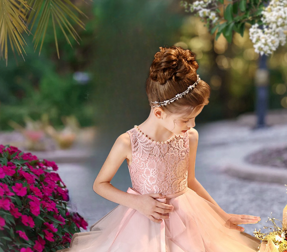Princess A-Line Scoop Neck Sleeveless Floor-Length Lace/Tulle/Satin Girls Birthday Dresses With Ribbon/Beads Girls Gidiondress