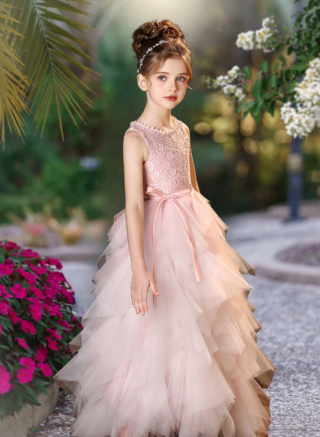 Princess A-Line Scoop Neck Sleeveless Floor-Length Lace/Tulle/Satin Girls Birthday Dresses With Ribbon/Beads Girls Gidiondress