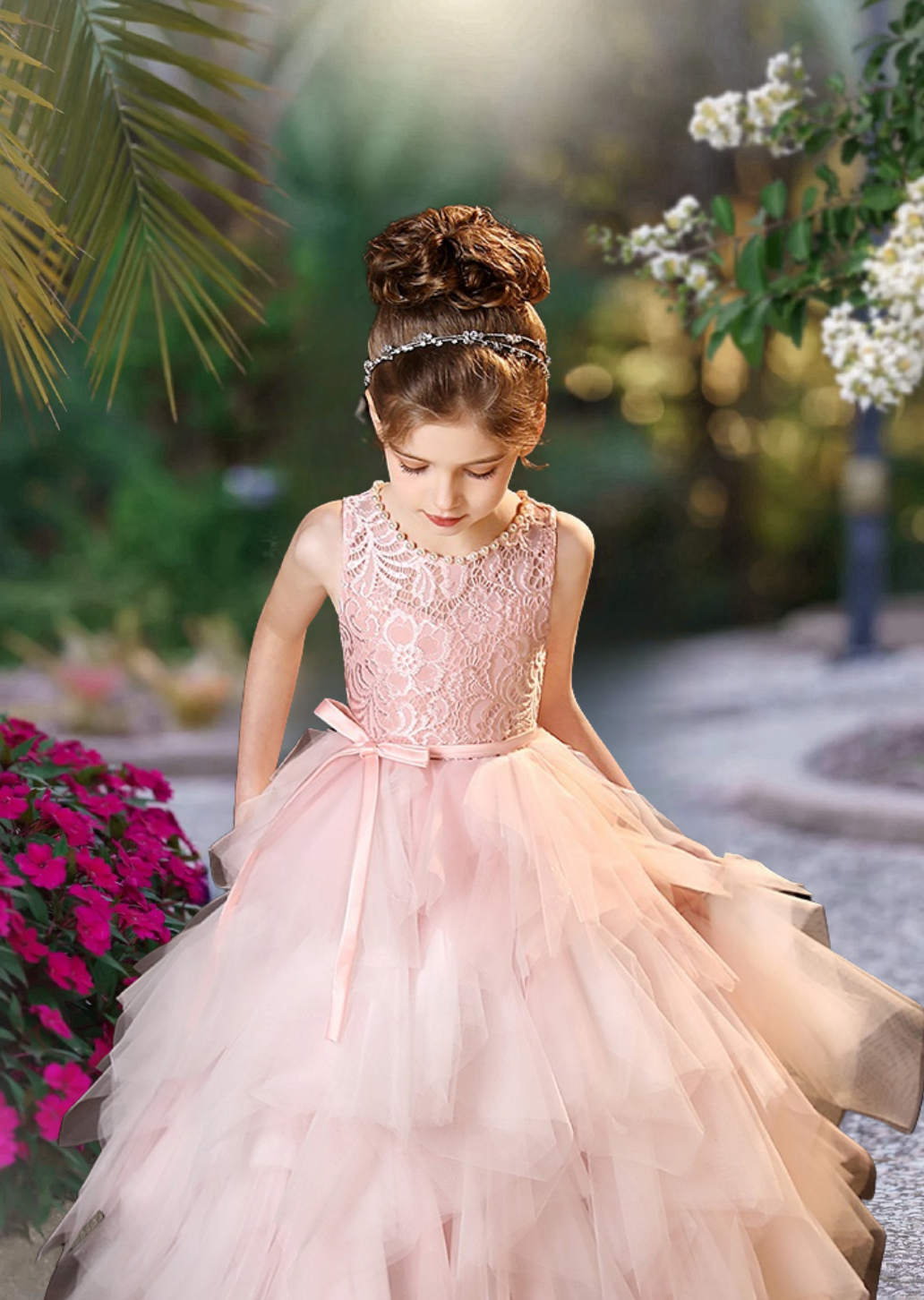Princess A-Line Scoop Neck Sleeveless Floor-Length Lace/Tulle/Satin Girls Birthday Dresses With Ribbon/Beads Girls Gidiondress