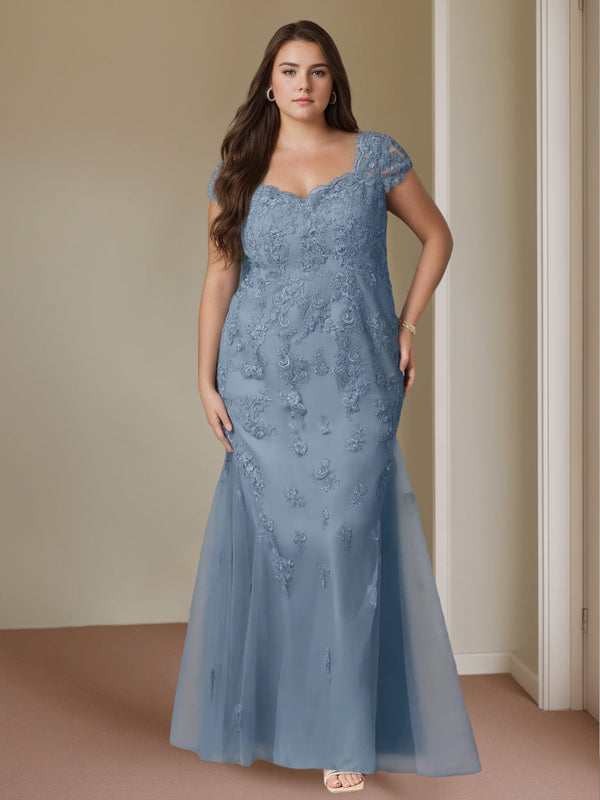 Trumpet/Mermaid Sweetheart Cap Sleeves Floor-Length Plus Size Mother Of The Bride Dresses With Lace, Beaded & Sequins BabaMila