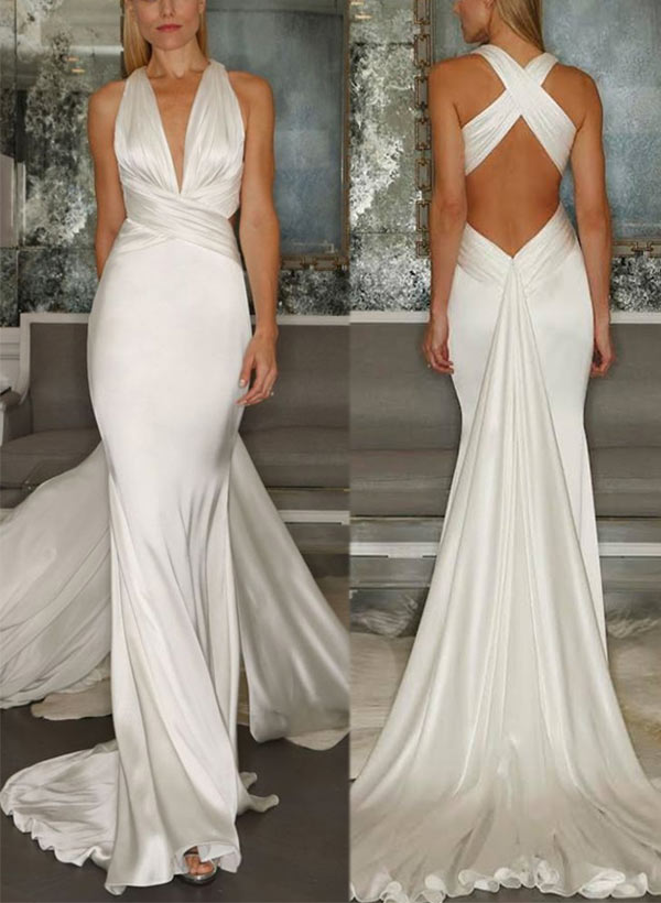 Trumpet/Mermaid V-Neck Floor-length Wedding Dress With Pleated BabaMila