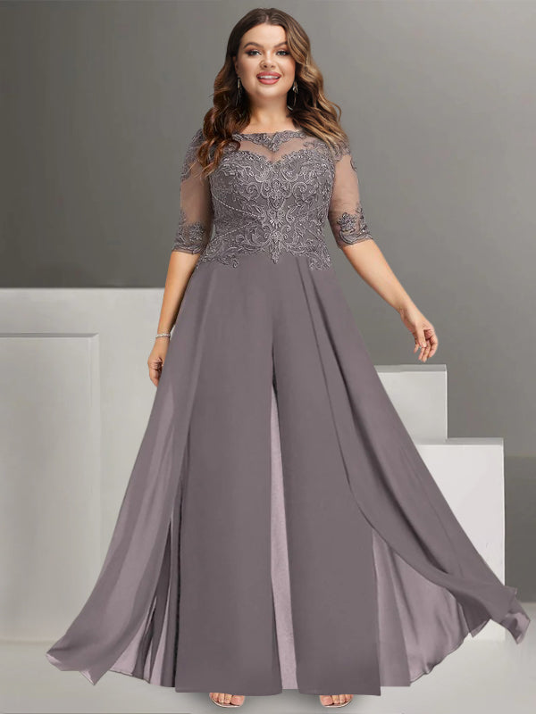 Chiffon Jewel Neck Half Sleeves Ankle-Length Plus Size Mother Of The Bride Pantsuits With Lace BabaMila
