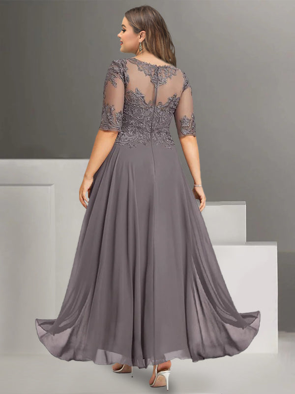 Chiffon Jewel Neck Half Sleeves Ankle-Length Plus Size Mother Of The Bride Pantsuits With Lace BabaMila