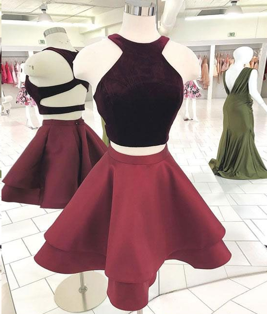 Two Piece Homecoming Dress Halter Burgundy Short Prom Dress Cute Party Dress Homecoming Dress BabaMila