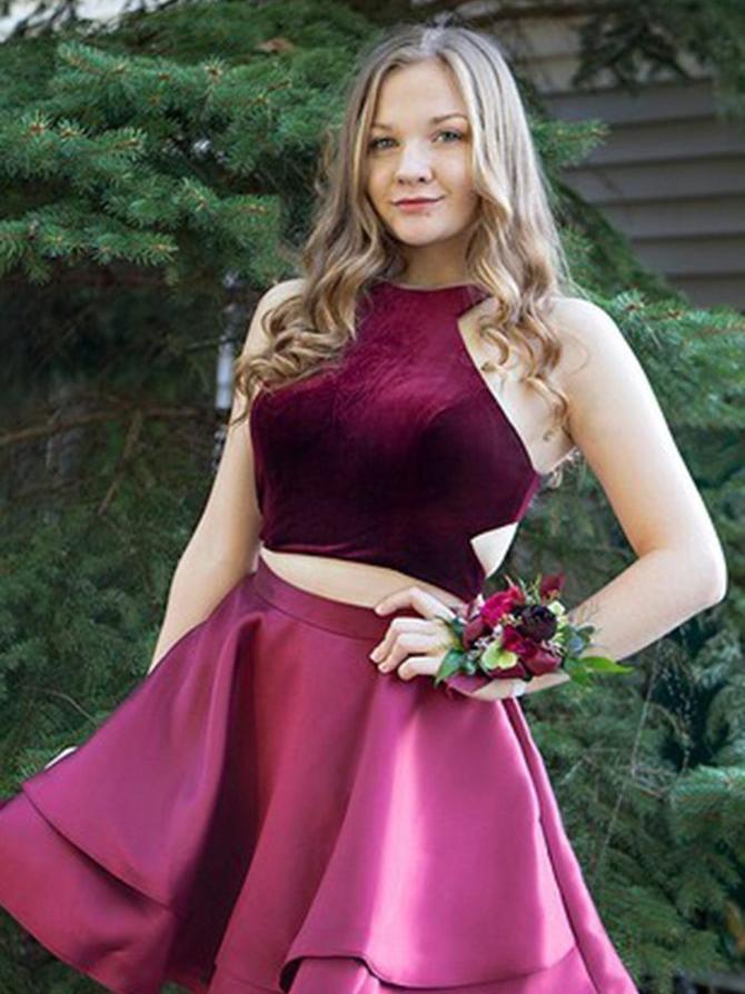 Two Piece Homecoming Dress Halter Burgundy Short Prom Dress Cute Party Dress Homecoming Dress BabaMila