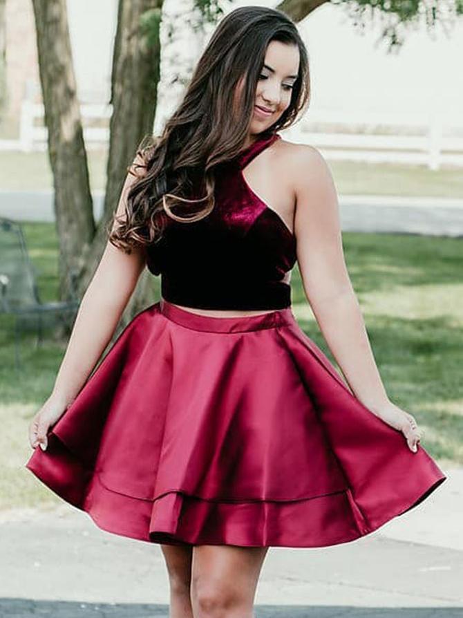 Two Piece Homecoming Dress Halter Burgundy Short Prom Dress Cute Party Dress Homecoming Dress BabaMila