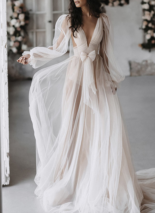 A-Line/Princess Tulle V-Neck Floor-length Pleated Bow Wedding Dress BabaMila