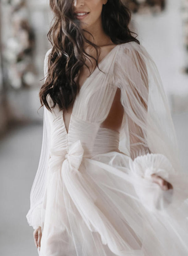 A-Line/Princess Tulle V-Neck Floor-length Pleated Bow Wedding Dress BabaMila