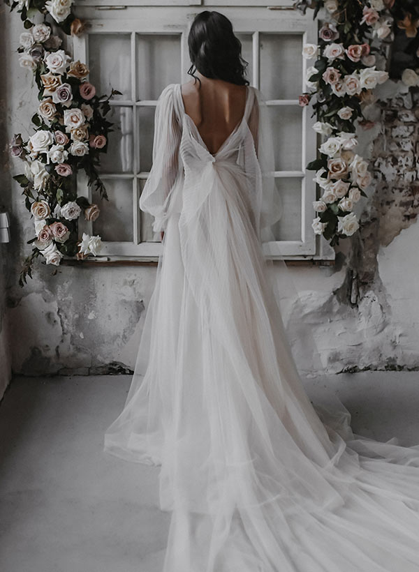 A-Line/Princess Tulle V-Neck Floor-length Pleated Bow Wedding Dress BabaMila