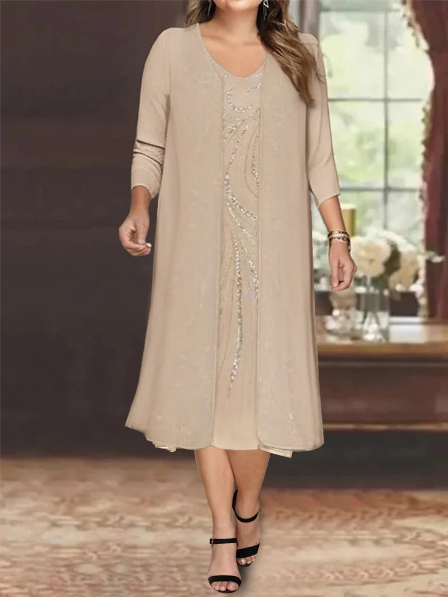 Sheath/Column V-Neck Long Sleeves Tea-Length Plus Size Mother Of The Bride Dresses With Jacket & Sequins BabaMila