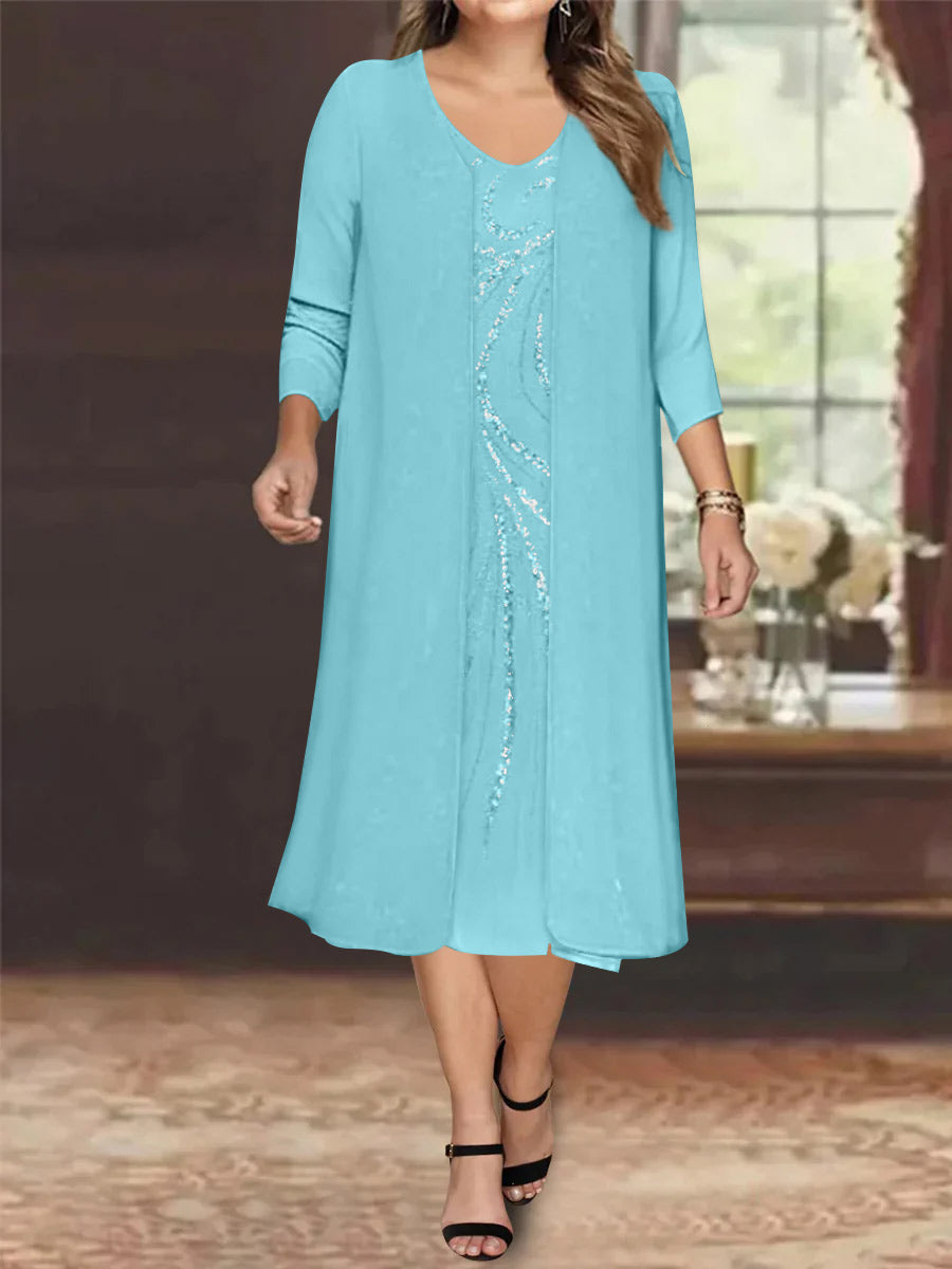 Sheath/Column V-Neck Long Sleeves Tea-Length Plus Size Mother Of The Bride Dresses With Jacket & Sequins BabaMila