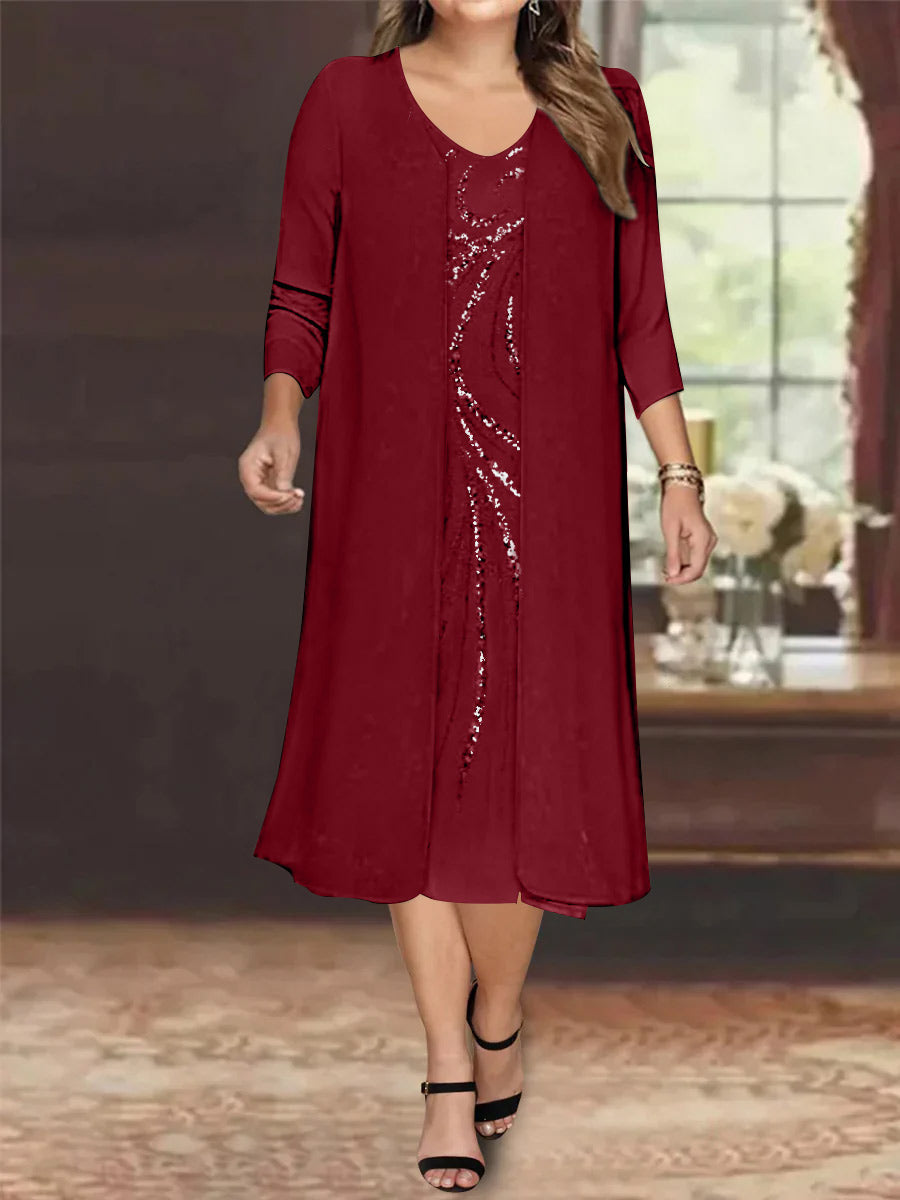 Sheath/Column V-Neck Long Sleeves Tea-Length Plus Size Mother Of The Bride Dresses With Jacket & Sequins BabaMila