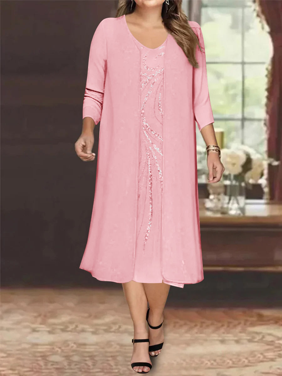 Sheath/Column V-Neck Long Sleeves Tea-Length Plus Size Mother Of The Bride Dresses With Jacket & Sequins BabaMila