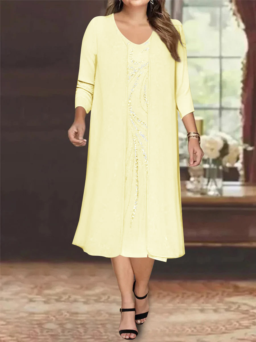 Sheath/Column V-Neck Long Sleeves Tea-Length Plus Size Mother Of The Bride Dresses With Jacket & Sequins BabaMila