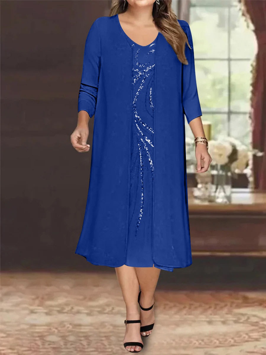 Sheath/Column V-Neck Long Sleeves Tea-Length Plus Size Mother Of The Bride Dresses With Jacket & Sequins BabaMila