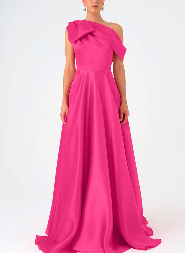 Asymmetrical A-Line One-Shoulder Floor Length Sleeveless Bride Dresses Prom Dress Satin With Bow BabaMila