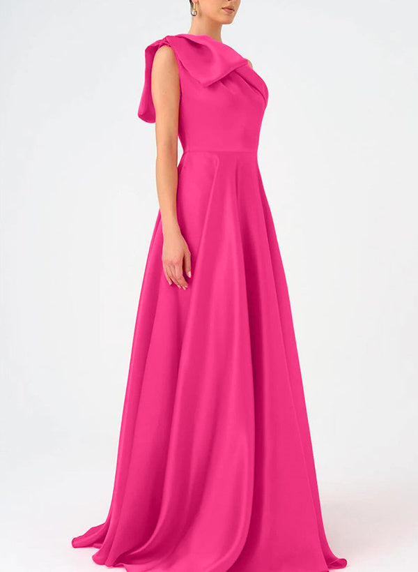 Asymmetrical A-Line One-Shoulder Floor Length Sleeveless Bride Dresses Prom Dress Satin With Bow BabaMila