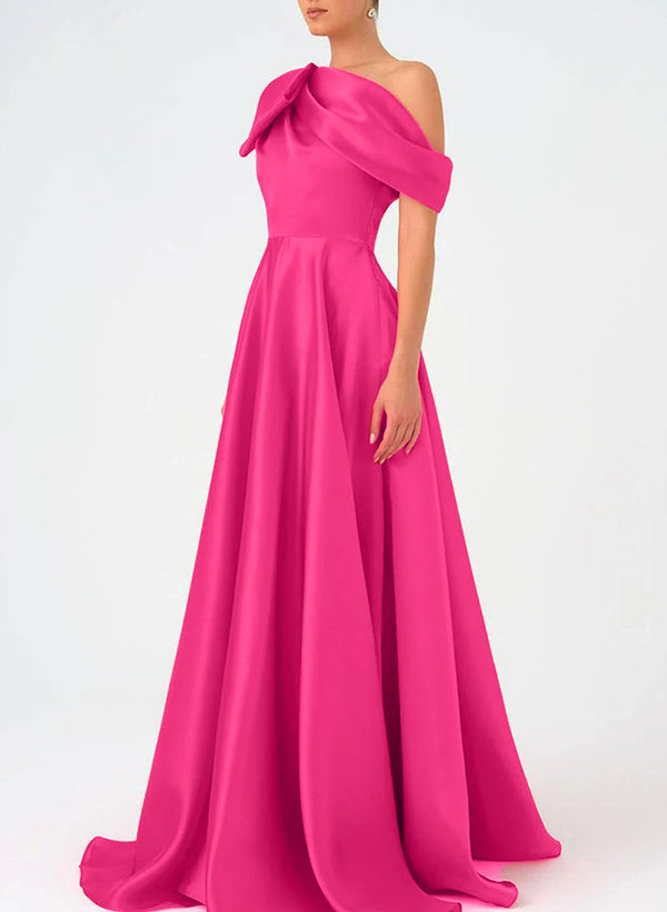 Asymmetrical A-Line One-Shoulder Floor Length Sleeveless Bride Dresses Prom Dress Satin With Bow BabaMila